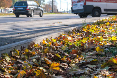 Autumn sketch background with yellowing and falling leaves in the park in front of residential buildingsの写真素材