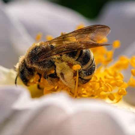 Honey bee on a rosehip flower close-up macro photography on a bright sunny dayの写真素材
