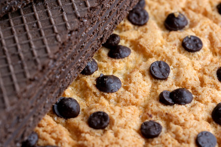 Delicious fresh oatmeal cookies with chocolate pieces close-up on a black mirror background