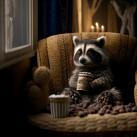 Photorealistic illustration computer rendering of a beautiful little raccoon sitting in a chair with chocolate nutsの写真素材
