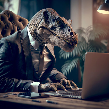 Photorealistic comic illustration computer rendering office worker with dinosaur head working on computerの写真素材