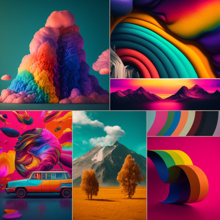 Bright 3D abstract illustration (collage) in all colors of the rainbow in a modern design with a slight nostalgia for the past. AI generated illustration.の写真素材