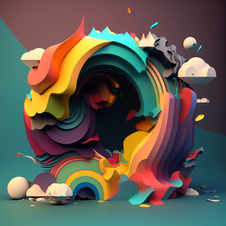 Bright 3D abstract illustration in all colors of the rainbow in a modern design. AI generated illustration.の写真素材