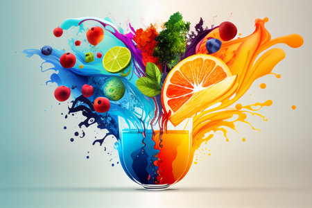 Juicy bright stylized illustration composition of sweet fruits and berries and juice. generated with AI.の写真素材