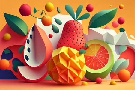 Juicy bright stylized illustration composition of sweet fruits and berries and juice. generated with AI.の写真素材
