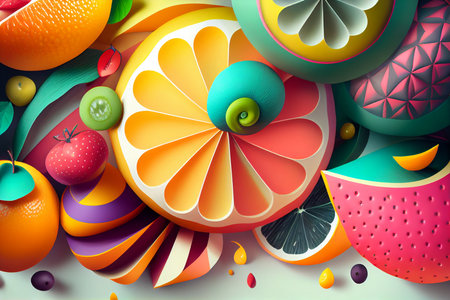 Juicy bright stylized illustration composition of sweet fruits and berries and juice. generated with AI.の写真素材