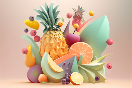 Juicy bright stylized illustration composition of sweet fruits and berries and juice in pastel colors. generated with AI.の写真素材