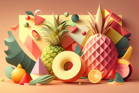 Juicy bright stylized illustration composition of sweet fruits and berries and juice in pastel colors. generated with AI.の写真素材