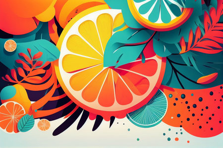 Juicy bright stylized illustration composition of sweet fruits and berries and juice. generated with AI.の写真素材