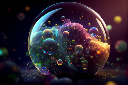 A colorful illustration of the theory of the plurality of universes in the form of bubbles cosmic background. Generated by AI.の写真素材