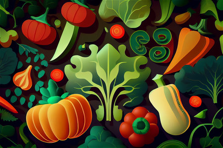 Beautiful bright stylized vegetable illustration food background. AI generated.の写真素材