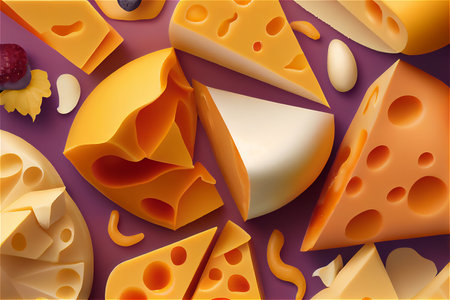 Beautiful bright stylized illustration of pieces of hard cheese of different varieties, food background. AI generated.の写真素材