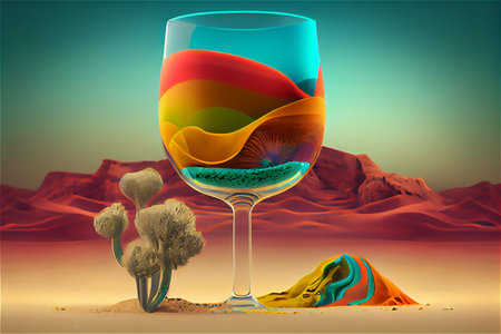 A surreal 3D illustration of a desert with a focus on the colors of the rainbow with a glass of cold fruit cocktail. AI generated.の写真素材