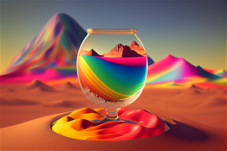 A surreal 3D illustration of a desert with a focus on the colors of the rainbow with a glass of cold fruit cocktail. AI generated.の写真素材