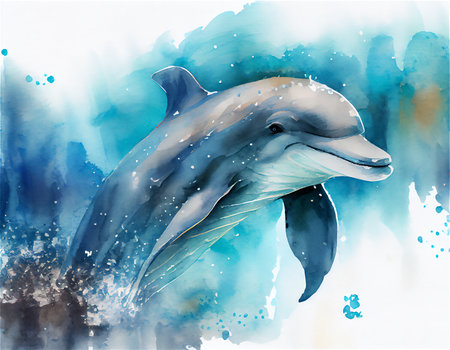 Image the watercolor drawing of a dolphin in the sea in the wave. Generated by A.I.の素材