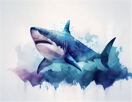 The image of the watercolor pattern of the shark in the sea. Generated by A.I.の素材