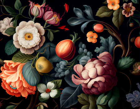 Artistic illustration painting flowers on a black background in the style of Dutch artists. AI generated.の素材