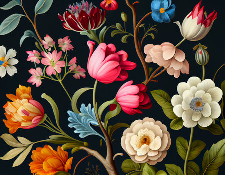 Artistic illustration painting flowers on a black background in the style of Dutch artists. AI generated.の素材