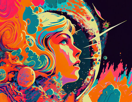 Psychedelic graphic design in the form of escapism, a colorful image of a young woman's love world. AI generated.の素材
