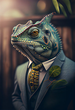 Fantastic illustration of a conformist opportunist in a business suit with a chameleon head portrait computer generated using AI.の素材