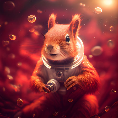 Futuristic red squirrel in a space suit against the background of water drops illustration computer generated using AI.の素材