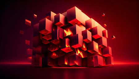 Abstract layered red wallpaper with blurry shadows and bright artistic colorful illustration with 3d shapes generated by AIの素材