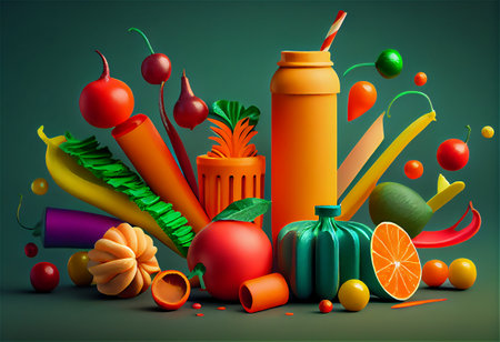 Web banner fruit and vegetable still life with juice in bright modern plasticine style unusual design with unexpected color combination AI-generated illustrationの素材