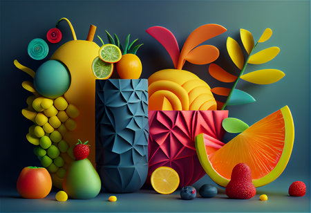 Web banner fruit and vegetable still life with juice in bright modern plasticine style unusual design with unexpected color combination AI-generated illustrationの素材