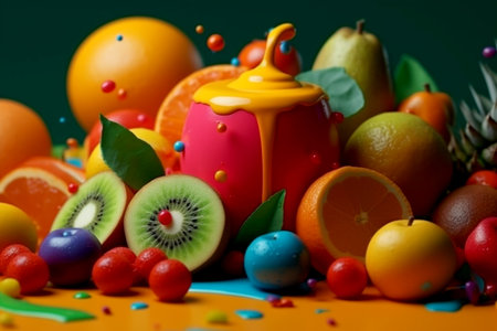 Web banner fruit and vegetable still life with juice in bright modern plasticine style unusual design with unexpected color combination AI-generated illustrationの素材