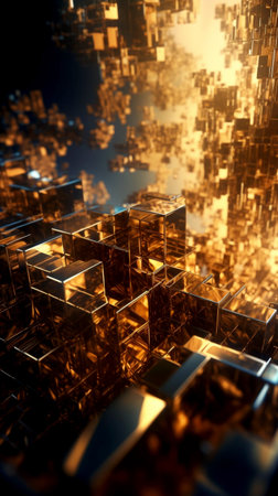 Golden abstract illustration original creative cubic 3d structure with reflections and shadows. AI generated.の素材