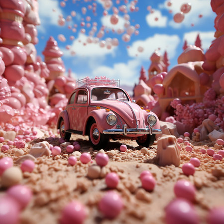 A pink retro car drives through the desert with pink balloons on a hot summer day. AI generated illustration.の素材
