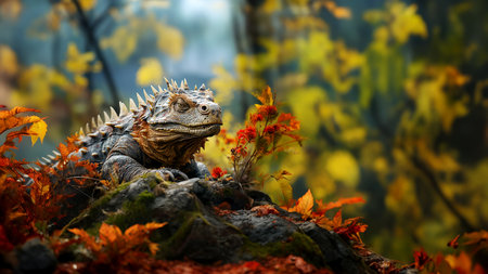 Fantasy dinosaur in a prehistoric forest illustration of the ancient nature of the Earth, generated by AIの素材