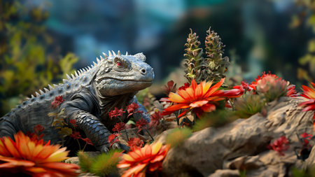 Fantasy dinosaur in a prehistoric forest illustration of the ancient nature of the Earth, generated by AIの素材