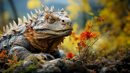 Fantasy dinosaur in a prehistoric forest illustration of the ancient nature of the Earth, generated by AIの素材