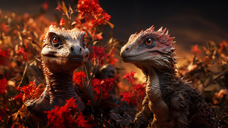 Fantasy dinosaurs in a prehistoric forest illustration of the ancient nature of the Earth, generated by AIの素材