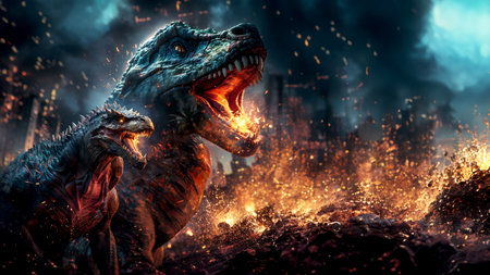 Fantastic dinosaurs in a burning forest illustration of the horrors of prehistoric times, generated by AIの素材