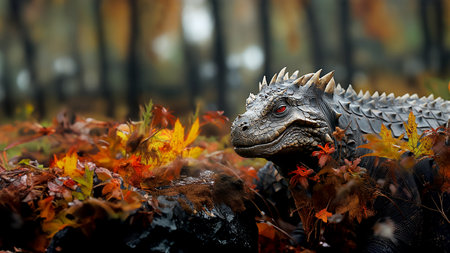 Fantasy dinosaur in a prehistoric forest illustration of the ancient nature of the Earth, generated by AIの素材