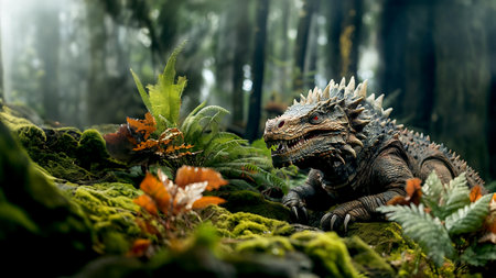 Fantasy dinosaur in a prehistoric forest illustration of the ancient nature of the Earth, generated by AIの素材
