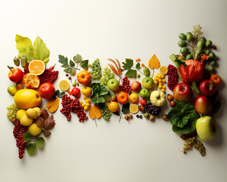 Fruit and berry autumn banner, illustration of the generosity of the fruits of the earth, still life. generated with AI.の素材