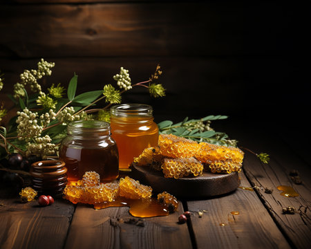 Honey banner, illustration with honey plants and collected honey in a jar, still life on a wooden background. generated with AI.の素材