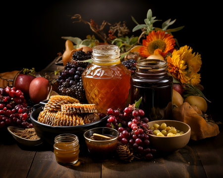 Honey banner, illustration with honey plants and collected honey in a jar, still life on a wooden background. generated with AI.の素材