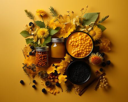 Fruit and berry autumn banner, illustration of the generosity of the fruits of the earth, still life. generated with AI.の素材