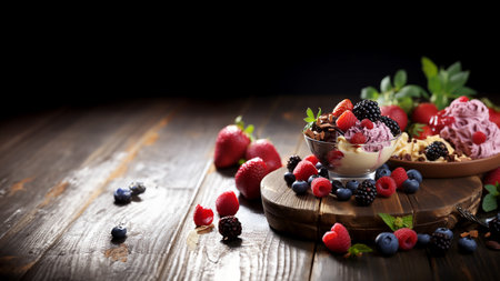 Ice cream banner, illustration with berries, fruits and chocolate, still life on a wooden background. generated with AI.の素材