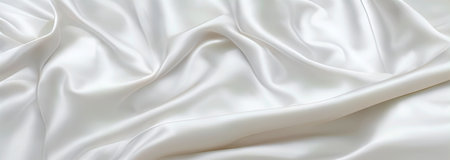 White background wavy flowing silk fabric panoramic background, illustration. generated with AI.の素材