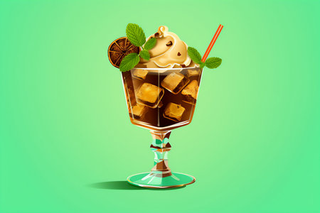 Chocolate smoothie with ice cream in a glass illustration on a light background. generated with AI.の素材
