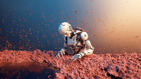 Conceptual illustration of modern development of artificial intelligence and robotics. Recent advances in science in the field of computing and communications. generated with AI.の素材