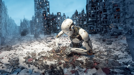 Conceptual illustration of modern development of artificial intelligence and robotics. Recent advances in science in the field of computing and communications. generated with AI.の素材