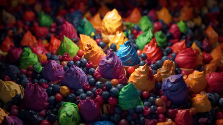 Illustrative fruit and berry banner with ice cream vitamin summer food advertisement. generated with AI.の素材