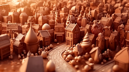 Fairytale fantasy caramel chocolate city, illustration for children's stories. generated with AI.の素材