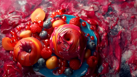 Illustrative fruit and berry banner with ice cream vitamin summer food advertisement. generated with AI.の素材